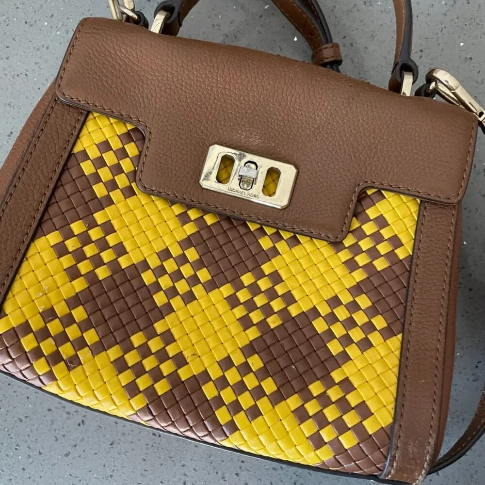 Michael Kors Mini Bag Karson Satchel Woven Brown Yellow Leather crossbody